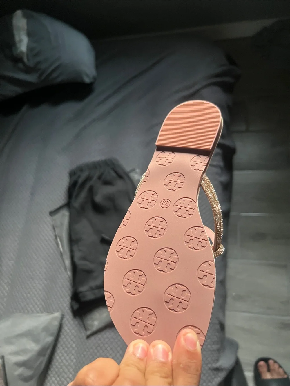 Tory Burch Metallic Rose Gold Cutout Logo Thong Sandal